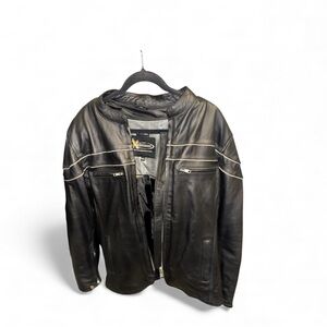 Stylish Black Leather Jacket with White Detailing